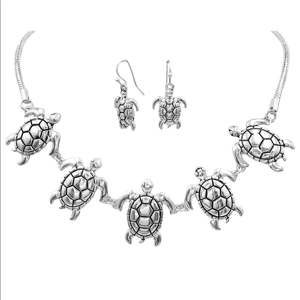5 Sea Turtle Silver Tone Statement Nautical Beach Theme Necklace Earrings Set